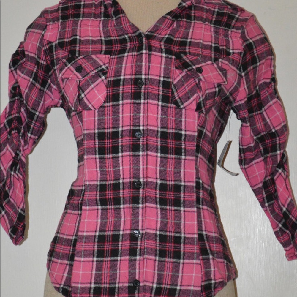 Pink plaid shirt juniors